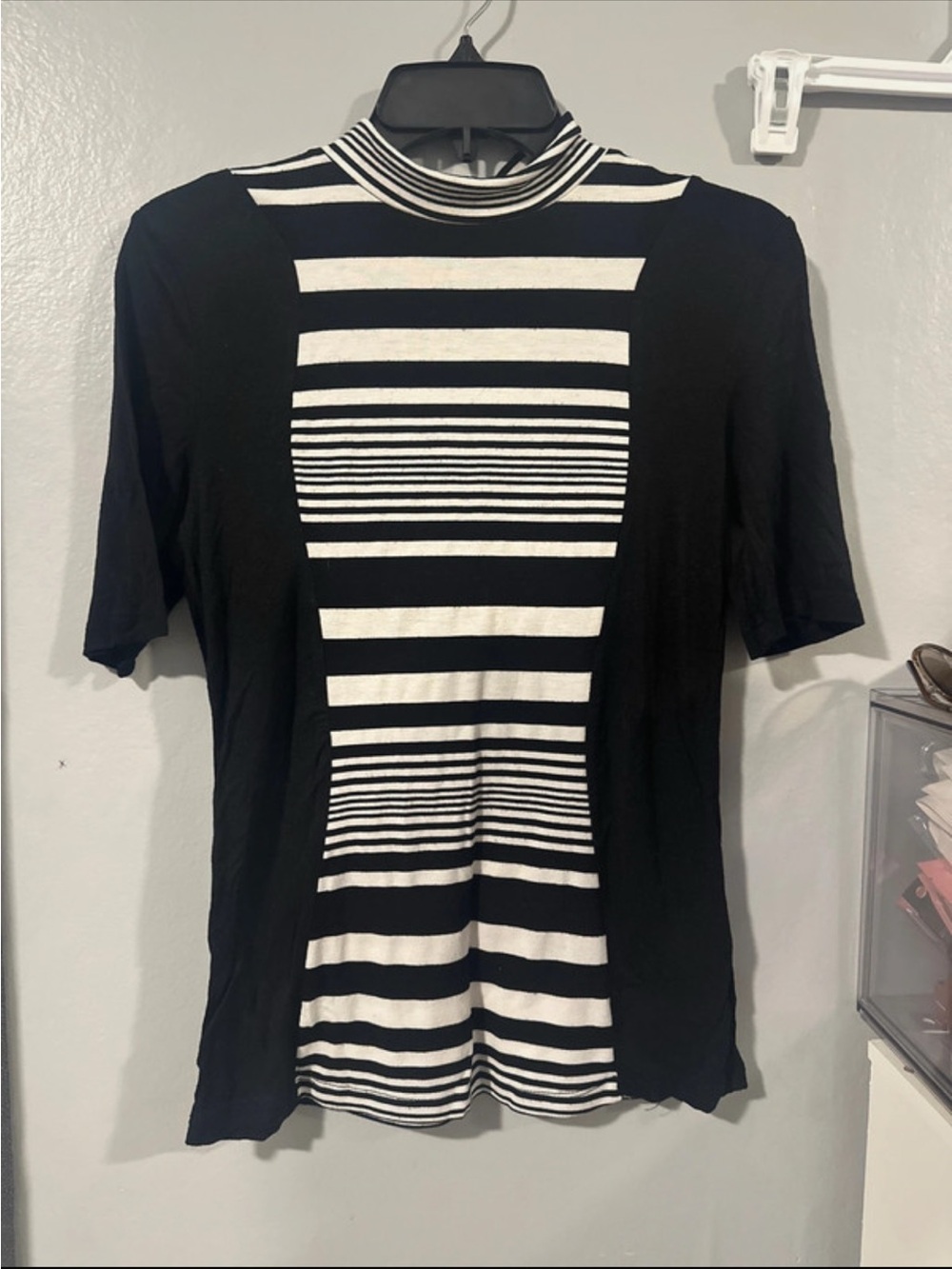 bebe Black and White Striped Mock Neck Short Sleeve Top